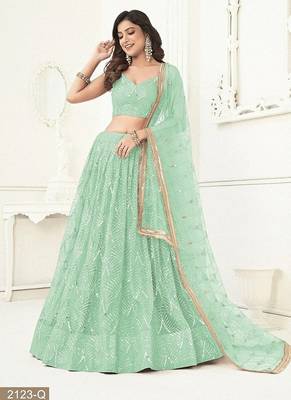 Green Net Embroidered & Thread Work Semi Stitched Lehenga Choli 3
