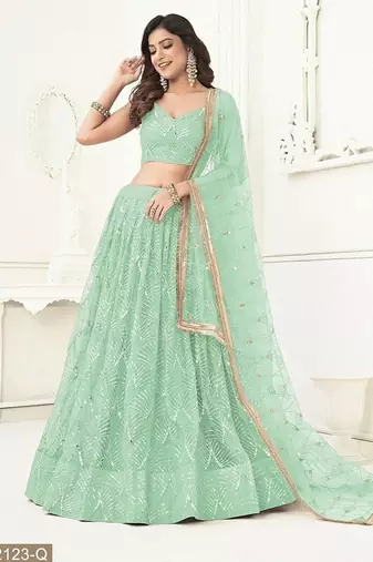 Green Net Embroidered & Thread Work Semi Stitched Lehenga Choli