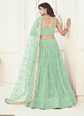 Green Net Embroidered & Thread Work Semi Stitched Lehenga Choli 4