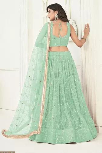 Green Net Embroidered & Thread Work Semi Stitched Lehenga Choli