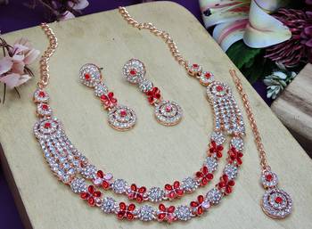 Red rose gold premium designer american diamond and stone work necklace set 3