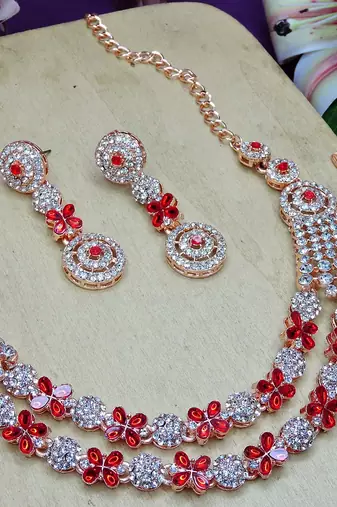 Red rose gold premium designer american diamond and stone work necklace set
