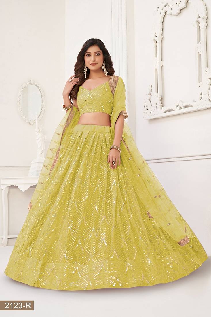 Yellow Net Embroidered & Thread Work Semi Stitched Lehenga Choli