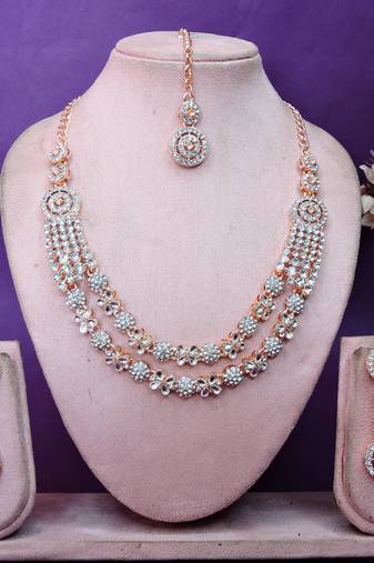 White rose gold premium designer american diamond and stone work necklace set