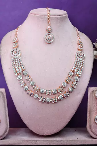 White rose gold premium designer american diamond and stone work necklace set