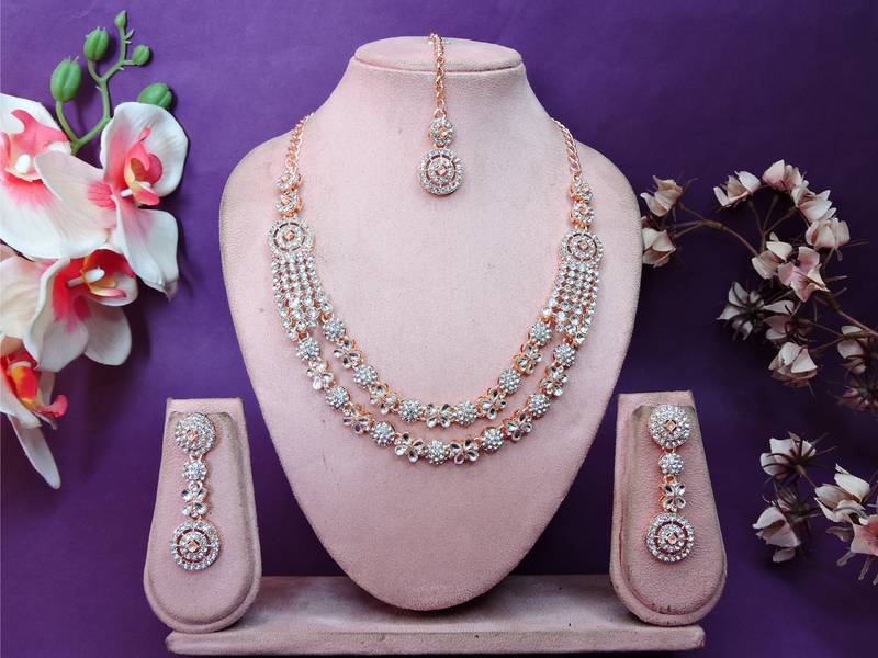 White rose gold premium designer american diamond and stone work necklace set