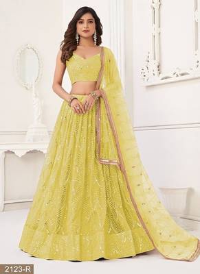 Yellow Net Embroidered & Thread Work Semi Stitched Lehenga Choli 2