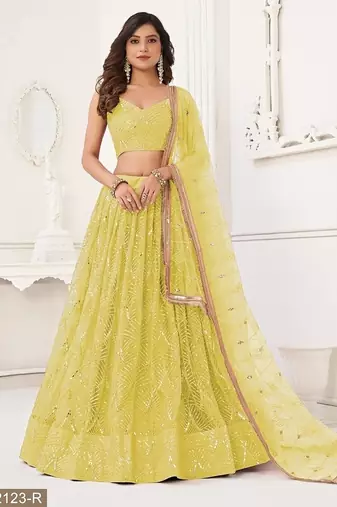 Yellow Net Embroidered & Thread Work Semi Stitched Lehenga Choli