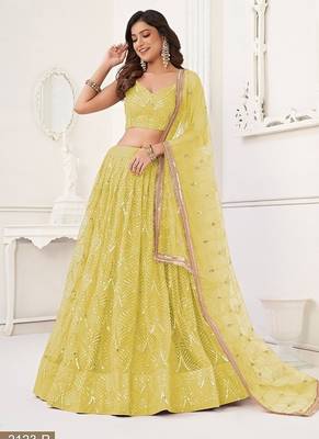 Yellow Net Embroidered & Thread Work Semi Stitched Lehenga Choli 3