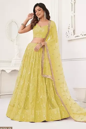 Yellow Net Embroidered & Thread Work Semi Stitched Lehenga Choli