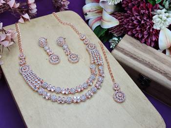 White rose gold premium designer american diamond and stone work necklace set 2