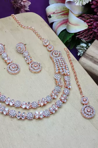 White rose gold premium designer american diamond and stone work necklace set