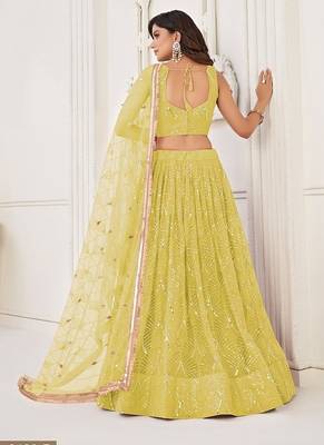Yellow Net Embroidered & Thread Work Semi Stitched Lehenga Choli 4