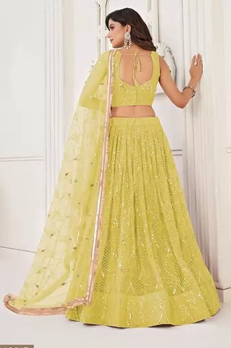 Yellow Net Embroidered & Thread Work Semi Stitched Lehenga Choli