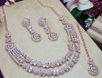 White rose gold premium designer american diamond and stone work necklace set 3