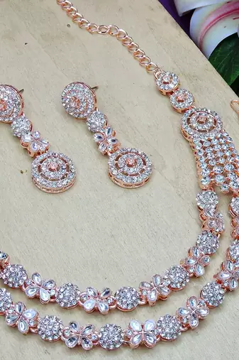 White rose gold premium designer american diamond and stone work necklace set