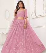 Pink Net Embroidered & Thread Work Semi Stitched Lehenga Choli