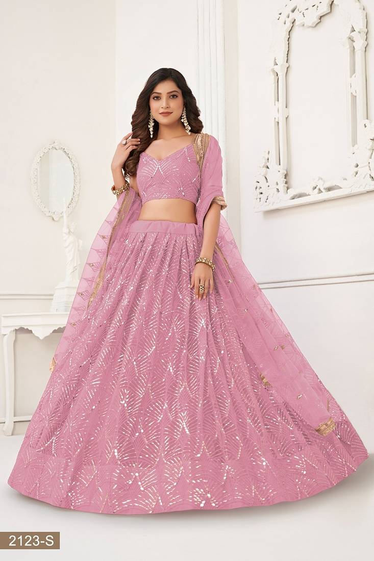 Pink Net Embroidered & Thread Work Semi Stitched Lehenga Choli