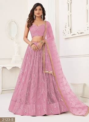 Pink Net Embroidered & Thread Work Semi Stitched Lehenga Choli 2