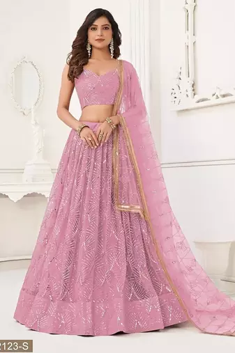 Pink Net Embroidered & Thread Work Semi Stitched Lehenga Choli
