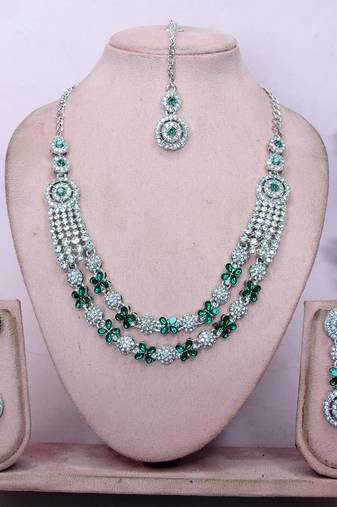 Green rhodium premium designer american diamond and stone work necklace set