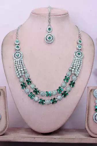 Green rhodium premium designer american diamond and stone work necklace set