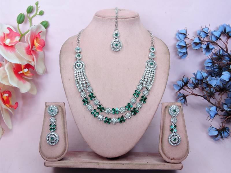Green rhodium premium designer american diamond and stone work necklace set