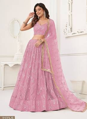 Pink Net Embroidered & Thread Work Semi Stitched Lehenga Choli 3