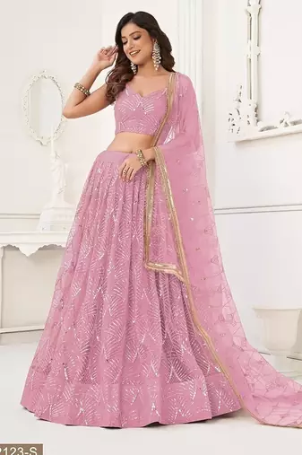 Pink Net Embroidered & Thread Work Semi Stitched Lehenga Choli