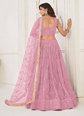 Pink Net Embroidered & Thread Work Semi Stitched Lehenga Choli 4
