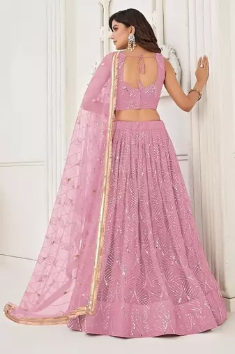 Pink Net Embroidered & Thread Work Semi Stitched Lehenga Choli