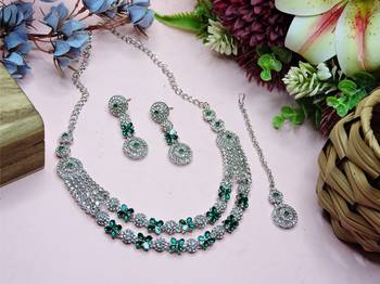 Green rhodium premium designer american diamond and stone work necklace set 2