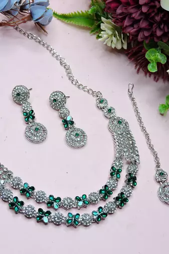 Green rhodium premium designer american diamond and stone work necklace set