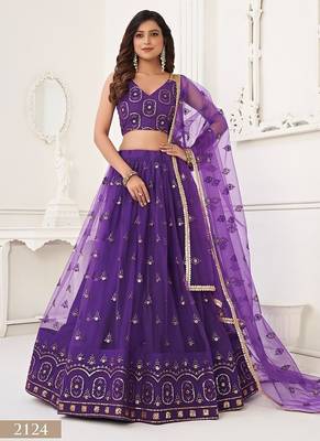 Purple Net Embroidered & Thread Work Semi Stitched Lehenga Choli 1