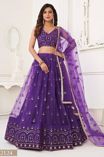 Purple Net Embroidered & Thread Work Semi Stitched Lehenga Choli