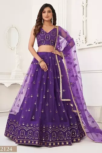 Purple Net Embroidered & Thread Work Semi Stitched Lehenga Choli
