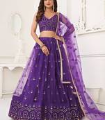 Purple Net Embroidered & Thread Work Semi Stitched Lehenga Choli