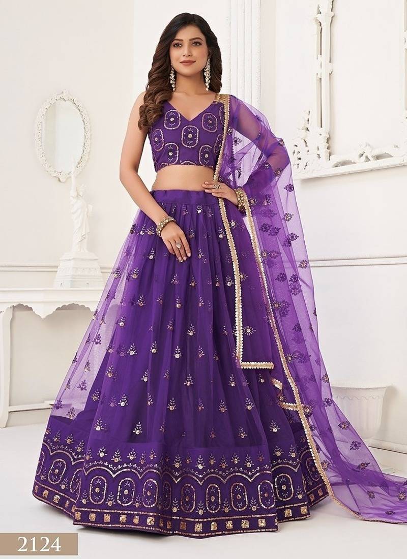 Purple Net Embroidered & Thread Work Semi Stitched Lehenga Choli