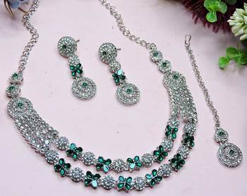 Green rhodium premium designer american diamond and stone work necklace set 3
