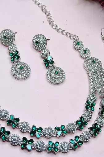 Green rhodium premium designer american diamond and stone work necklace set