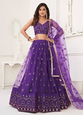 Purple Net Embroidered & Thread Work Semi Stitched Lehenga Choli 2