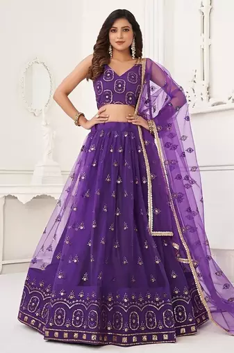 Purple Net Embroidered & Thread Work Semi Stitched Lehenga Choli