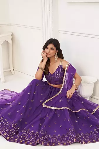 Purple Net Embroidered & Thread Work Semi Stitched Lehenga Choli