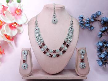 Maroon rhodium premium designer american diamond and stone work necklace set 1
