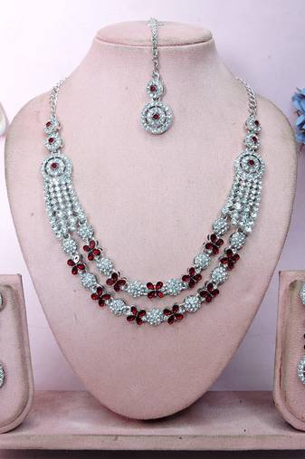Maroon rhodium premium designer american diamond and stone work necklace set
