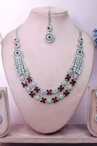 Maroon rhodium premium designer american diamond and stone work necklace set