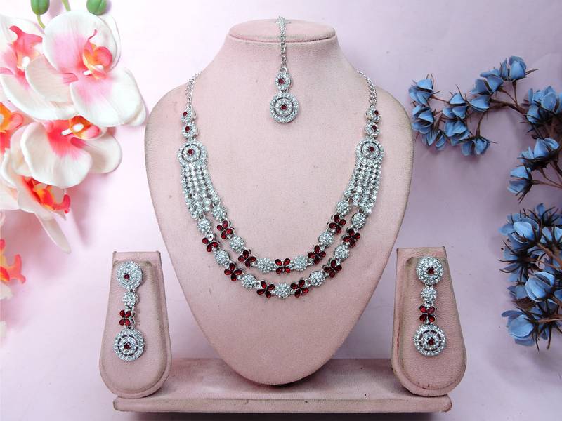 Maroon rhodium premium designer american diamond and stone work necklace set