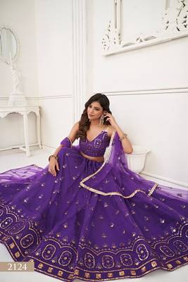 Purple Net Embroidered & Thread Work Semi Stitched Lehenga Choli 4