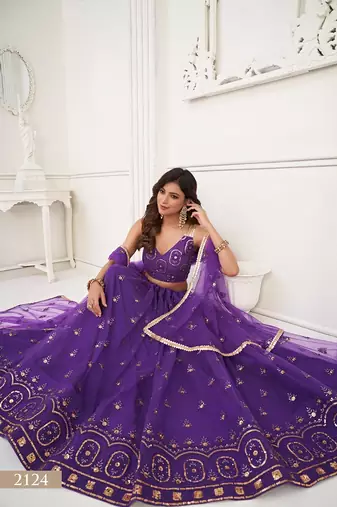 Purple Net Embroidered & Thread Work Semi Stitched Lehenga Choli