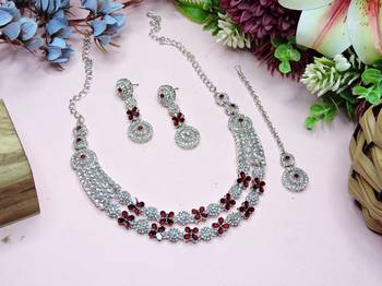 Maroon rhodium premium designer american diamond and stone work necklace set 2